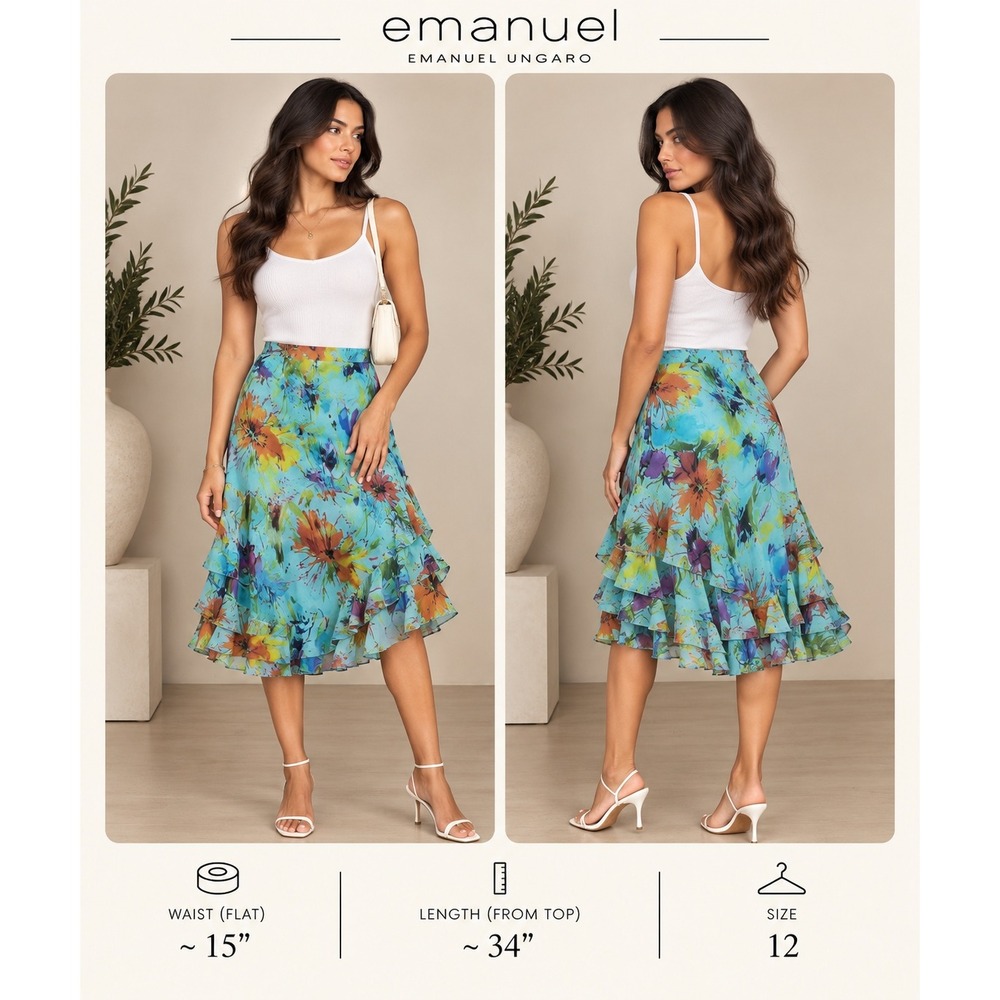 Emanuel Ungaro Floral Tiered Ruffle Midi Skirt Blue Watercolor Size 12